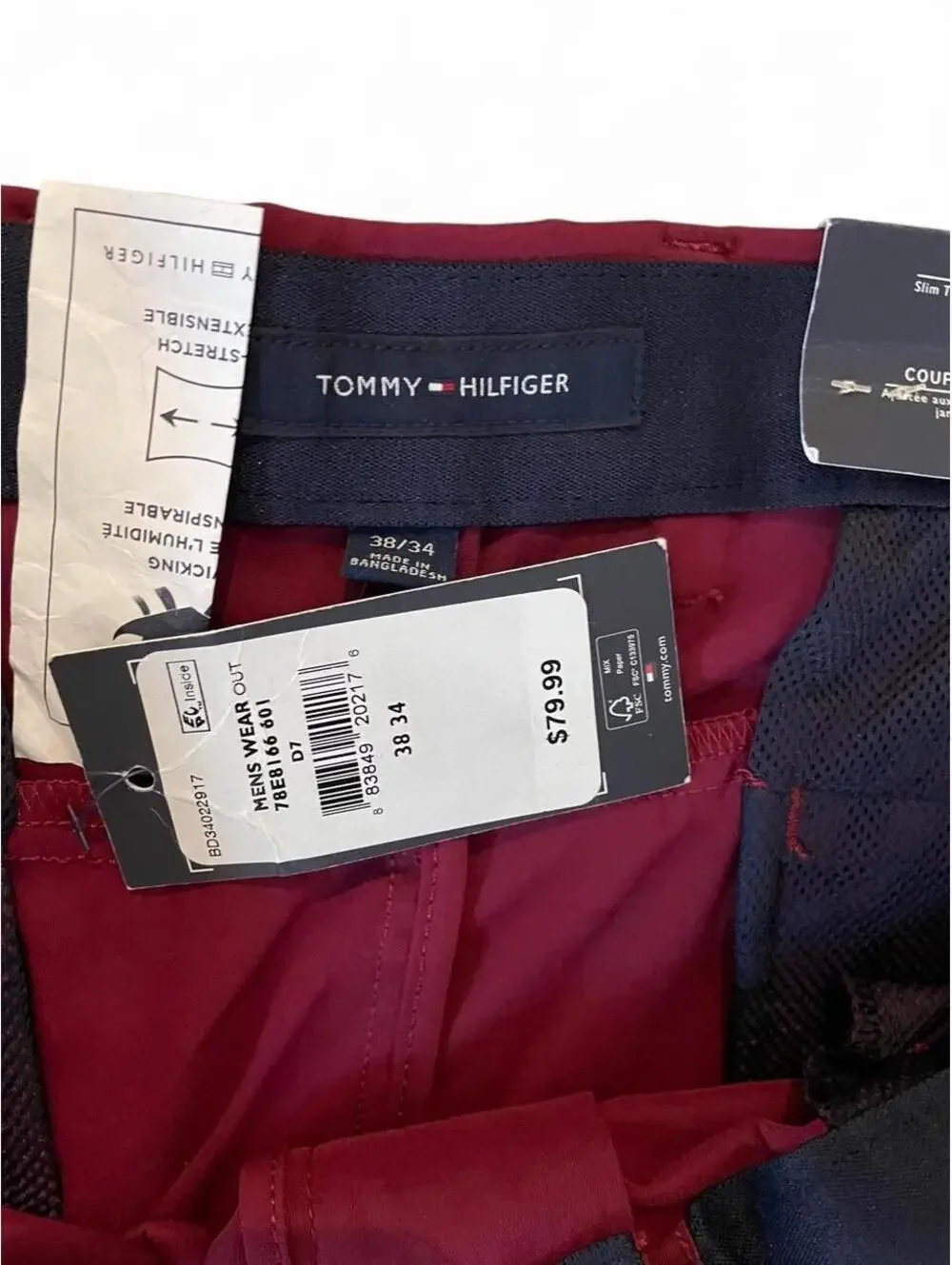 Tommy Hilfiger Burgundy Slim Fit Flat Front Dress Pants Nylon Men’s 38x32